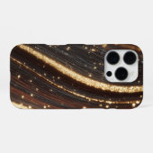 Donkere walnoot houtnerf met sprankelende gouden r iPhone hoesje (Achterkant horizontaal)