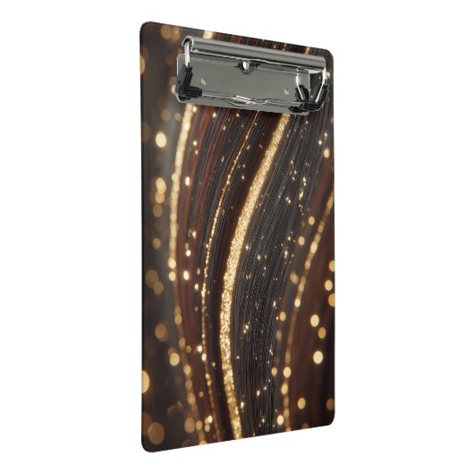 Donkere walnoot houtnerf met sprankelende gouden r mini klembord (Schuin)