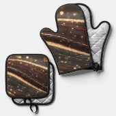 Donkere walnoot houtnerf met sprankelende gouden r ovenwant & pannenlap set (Voorkant / Achterkant)