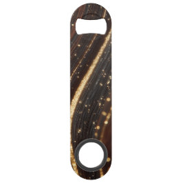 Donkere walnoot houtnerf met sprankelende gouden r speed flessenopener