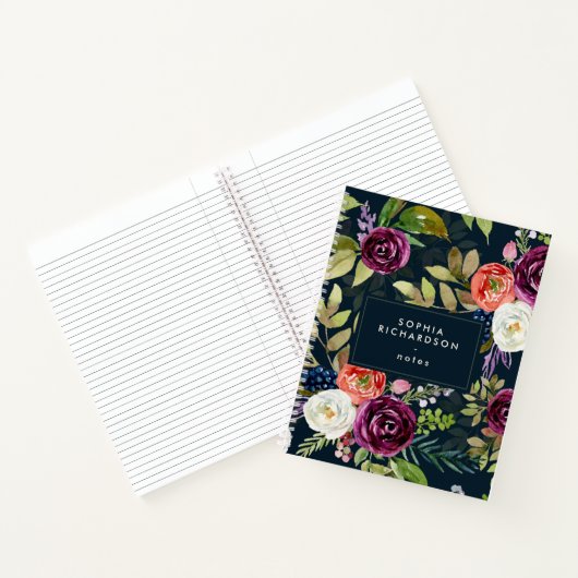 Donkere Waterverf Bloemen Boho Patroon Notitieboek (Binnen)