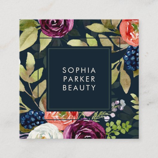 Donkere Waterverf Floral Boho Pattern | Sociale me Vierkante Visitekaartje (Voorkant)