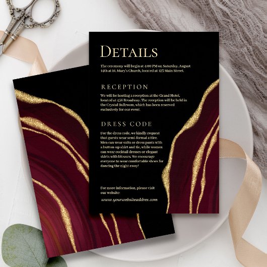 Donkere wijn agaat met goud informatiekaartje