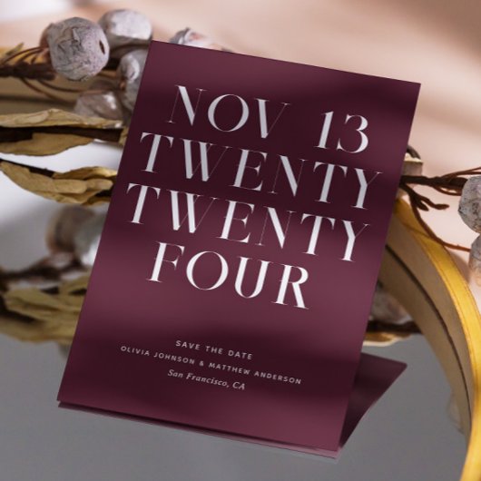 Donkere wijn bruiloft. Modern minimalistisch burgu Save The Date