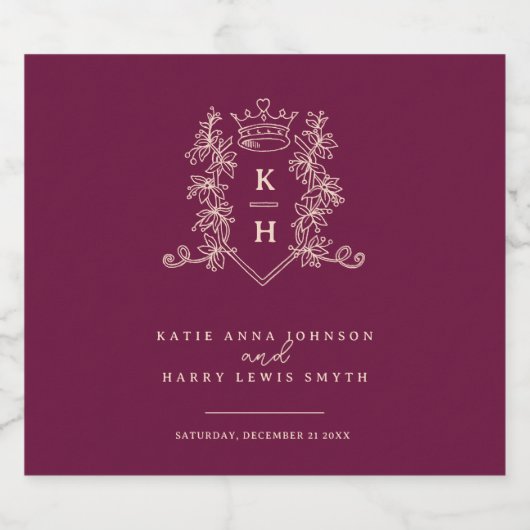 Donkere wijn rode foto kroon monogram bruiloft sparkling wijnetiket (Enkel label)