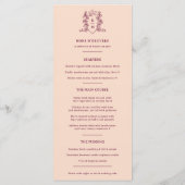 Donkere wijn rood en perzikkroon monogram bruiloft menu (Achterkant)