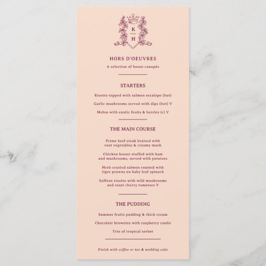 Donkere wijn rood en perzikkroon monogram bruiloft menu (Achterkant)