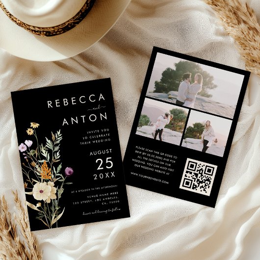 Donkere Wilde Bloem 3 Foto Collage QR Code Trouwen Kaart