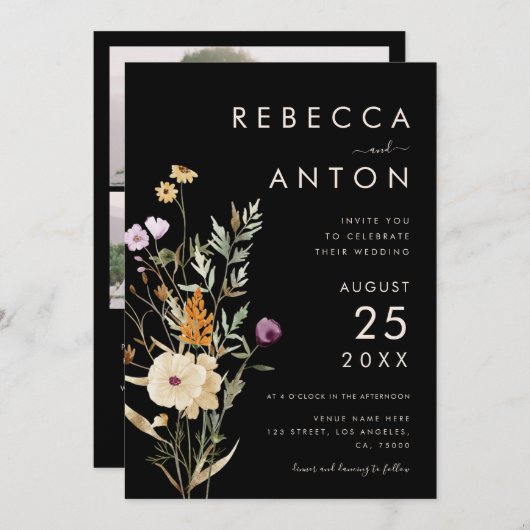 Donkere wilde bloem 3 Foto Collage QR Code Weddens Kaart (Voorkant / Achterkant)