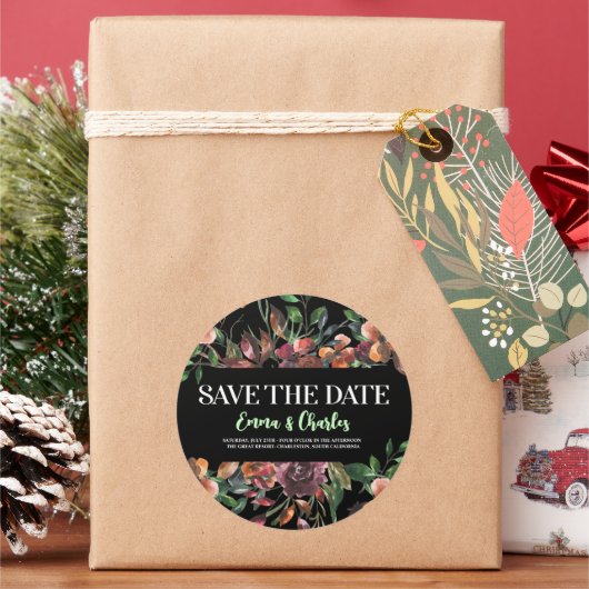 Donkere Wilde Bloemen Save The Date  Ronde Sticker (Feestdagen)