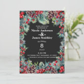 Donkere winter bruiloft vakantie bessen & dennenap kaart (Staand voorkant)