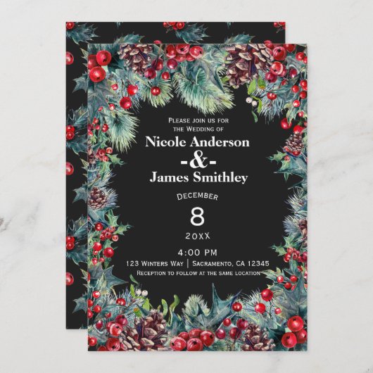 Donkere winter bruiloft vakantie bessen & dennenap kaart (Voorkant / Achterkant)