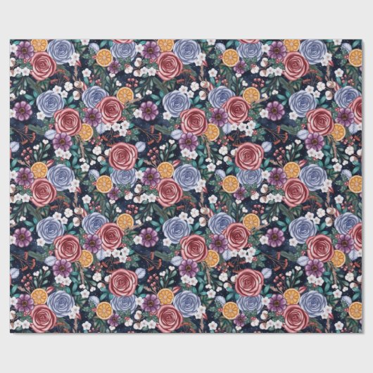 Donkere winterbloemen Jule kerstpapier Cadeaupapier (Vlak)