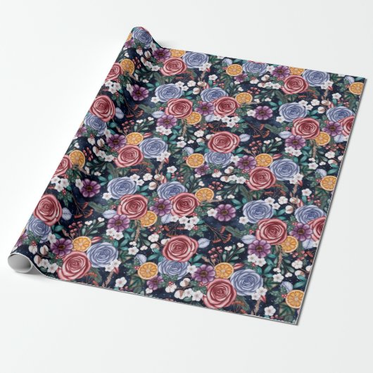 Donkere winterbloemen Jule kerstpapier Cadeaupapier (Uitgerold)