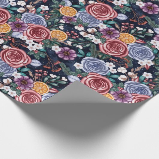 Donkere winterbloemen Jule kerstpapier Cadeaupapier (Hoek)
