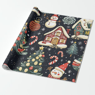 Donkere winterhuisjes Rode sneeuwman snoep Kerstmi Cadeaupapier