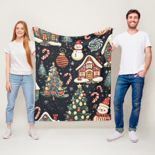 Donkere winterhuisjes Rode sneeuwman snoep Kerstmi Fleece Deken