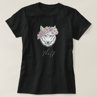 Donkere wolf  roze geel bloembloem t-shirt