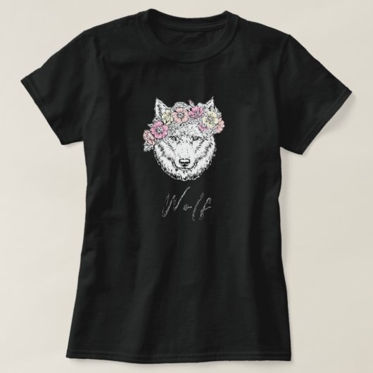 Donkere wolf  roze geel bloembloem t-shirt (Design voorkant)