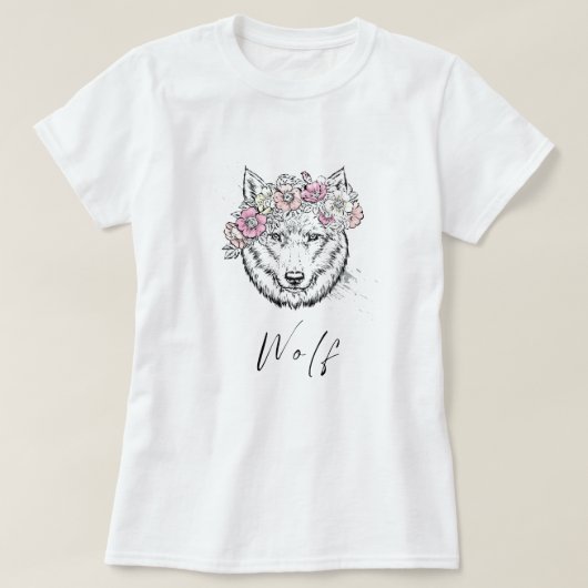Donkere wolf  roze geel bloembloem t-shirt (Design voorkant)