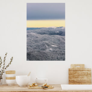 Donkere wolken zonnige lucht en besneeuwd winterbo poster