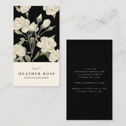 Donkere zwarte achtergrond witte rozen visitekaartje (Voorkant / Achterkant)
