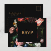 Donkere Zwarte Bloemige Trouw RSVP-ansichtkaart Uitnodiging Briefkaart (Voorkant / Achterkant)