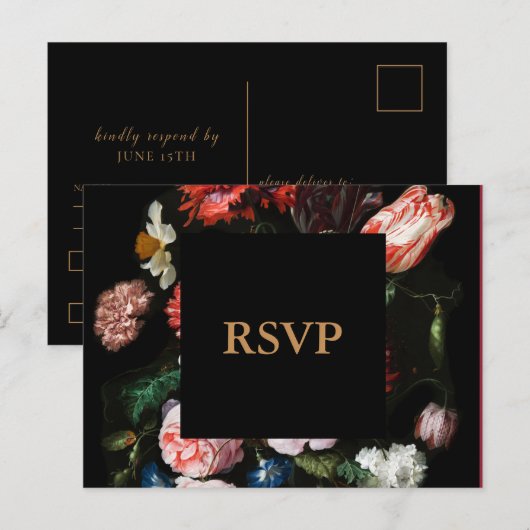 Donkere Zwarte Bloemige Trouw RSVP-ansichtkaart Uitnodiging Briefkaart (Voorkant / Achterkant)