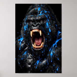 Donkere Zwarte Brullende Gorilla Blauwe Verfspatte Poster