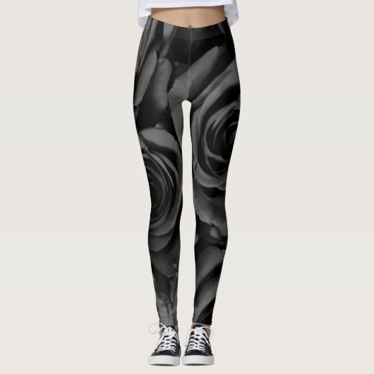 Donkere zwarte en grijze Rozen grafische Mode Leggings (Voorkant)