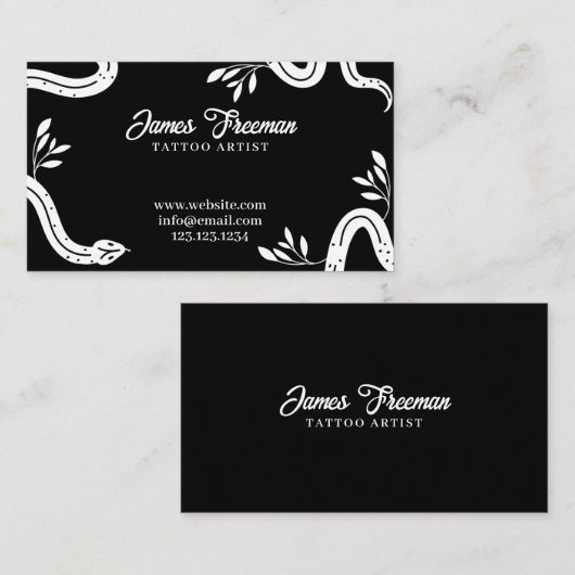 Donkere zwarte en witte bladeren en slangen Tattoo Visitekaartje (Voorkant / Achterkant)