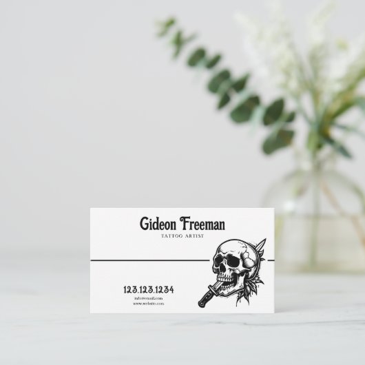 Donkere zwarte en witte schedel Eeuwige Tattoo art Visitekaartje (Staand voorkant)