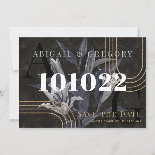 Donkere zwarte Moody botanische bruiloft bespaart Save The Date (Voorkant)