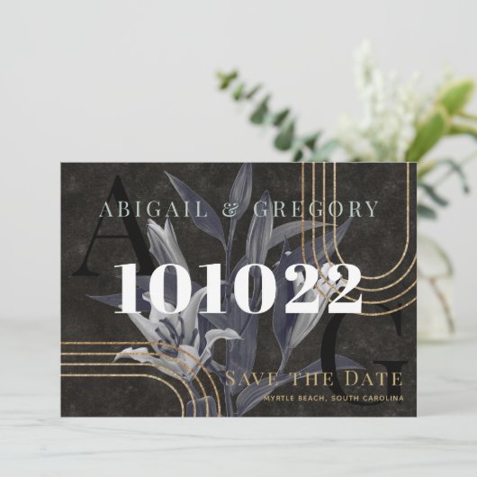 Donkere zwarte Moody botanische bruiloft bespaart Save The Date (Staand voorkant)