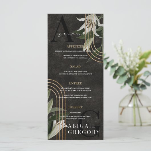 Donkere zwarte Moody Green botanische bruiloft Menu (Staand voorkant)