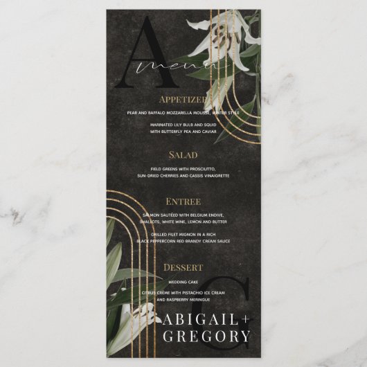 Donkere zwarte Moody Green botanische bruiloft Menu (Voorkant)