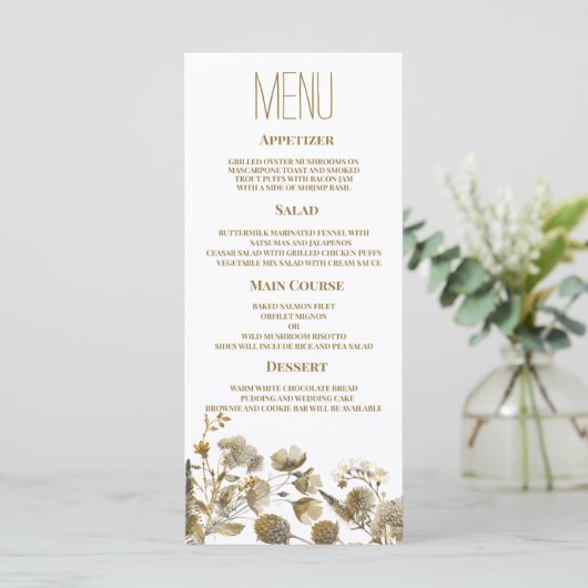 Donkergeel ivoor wit bruin bloemenbruiloft Menu (Staand voorkant)