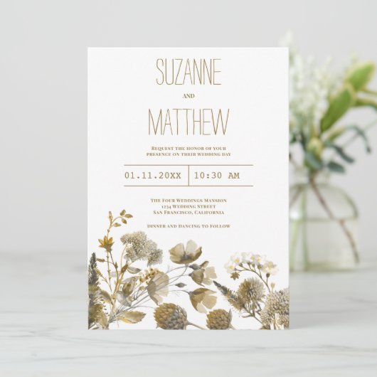 Donkergeel ivoor wit bruin bloemenbruin Bruiloft Kaart (Staand voorkant)