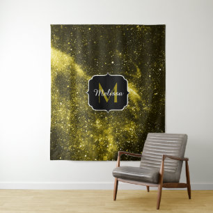Donkergeel zwart abstract sterrenstelsel Monogram  Wandkleed