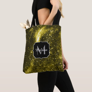 Donkergele zwarte abstracte melkweg Monogram Tote Bag