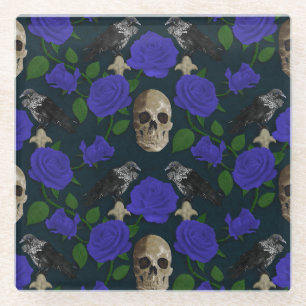 Donkergotisch Grungy Roos Vines Raven Schedel blau Glazen Onderzetter
