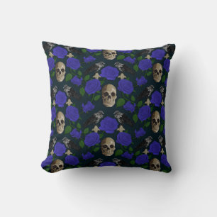 Donkergotisch Grungy Roos Vines Raven Schedel blau Kussen