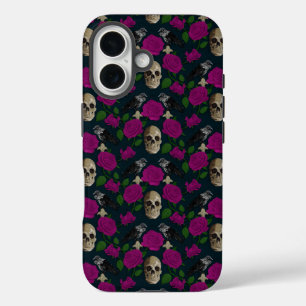 Donkergotisch Grungy Roos Vines Raven Skull roze iPhone 16 Hoesje