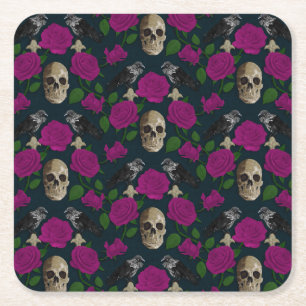Donkergotisch Grungy Roos Vines Raven Skull roze Kartonnen Onderzetters