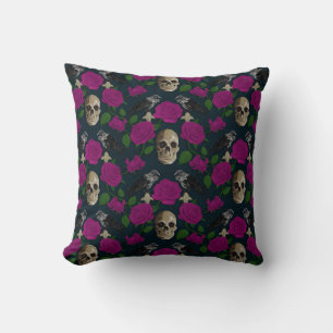 Donkergotisch Grungy Roos Vines Raven Skull roze Kussen