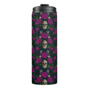 Donkergotisch Grungy Roos Vines Raven Skull roze Thermosbeker