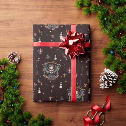 Donkergotische kerstengel cadeaupapier (Feestdagen Geschenken)