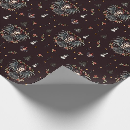 Donkergotische kerstengel cadeaupapier (Hoek)