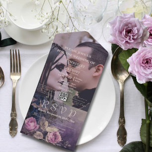 Donkergotische Paarse Lavendel Bloemen QR Code Fot All In One Uitnodiging