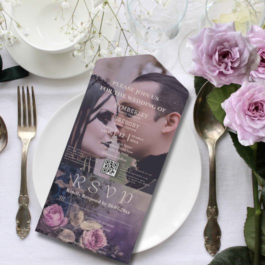 Donkergotische Paarse Lavendel Bloemen QR Code Fot All In One Uitnodiging